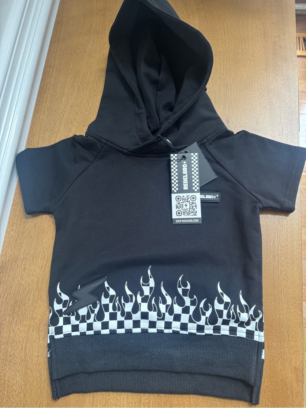 Toddler Black Short-Sleeve Hoodie with Checker Flame Detail